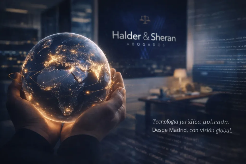 Manos sosteniendo un globo digital iluminado, representando el enfoque global y tecnológico de Halder & Sheran Abogados en el análisis jurídico con inteligencia artificial desde Madrid.