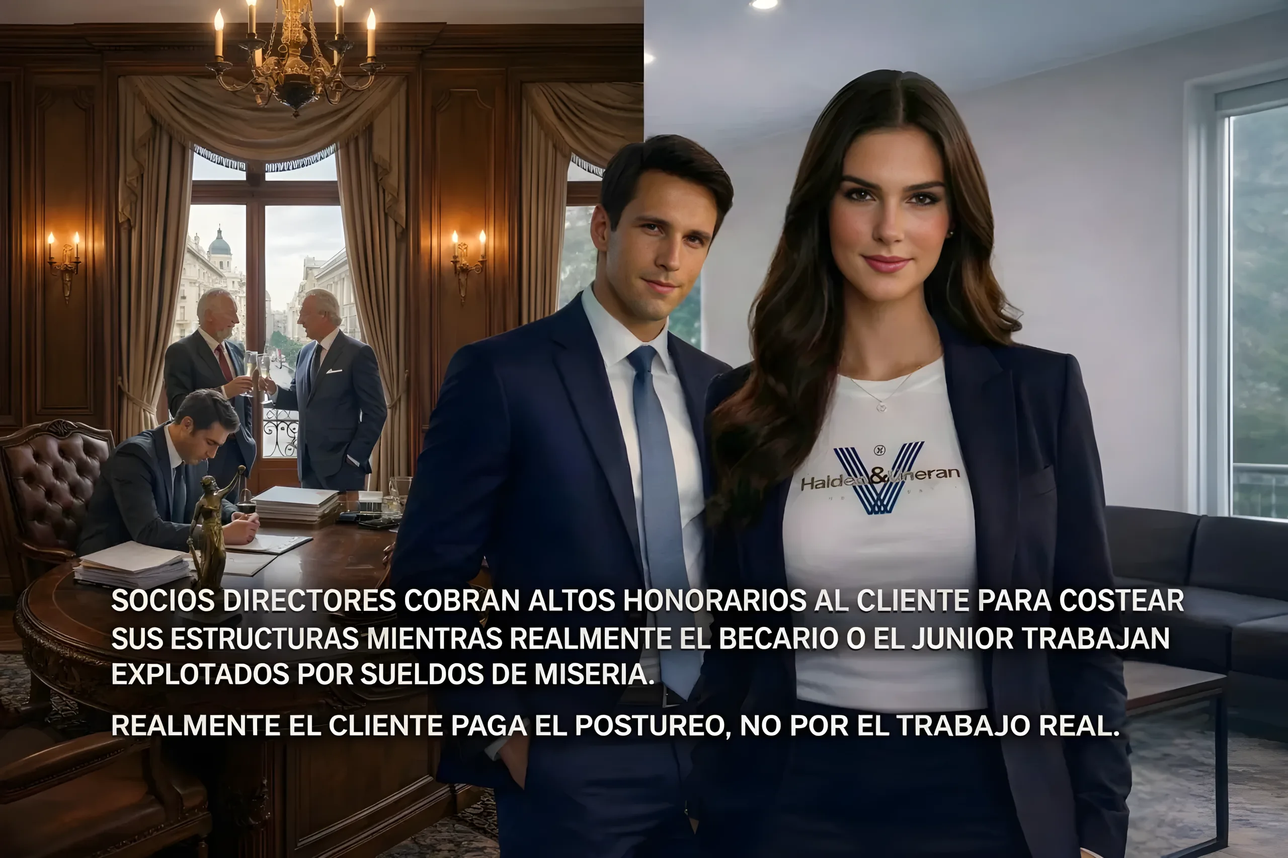 Gráfico comparativo de modelos legales: A la izquierda, representación de la 'Gran Firma' donde socios directores brindan con champán costeado por el cliente mientras un junior realiza el trabajo real en condiciones precarias. A la derecha, el equipo de Haldersheran.com representando la 'Abogacía Artesana' y honesta: intervención directa del Letrado Ignacio Gómiz, sin intermediarios y sin sobrecostes de estructura