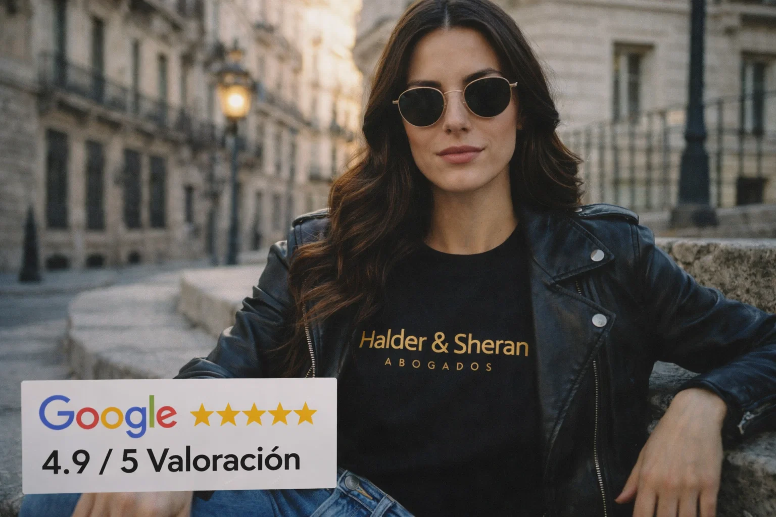 Abogada de la firma Halder & Sheran en Madrid con gafas de sol y chaqueta de cuero, sentada en escaleras urbanas. La imagen incluye un gráfico de reseñas de Google que muestra una valoración de 4.9 sobre 5 estrellas, destacando la reputación del despacho