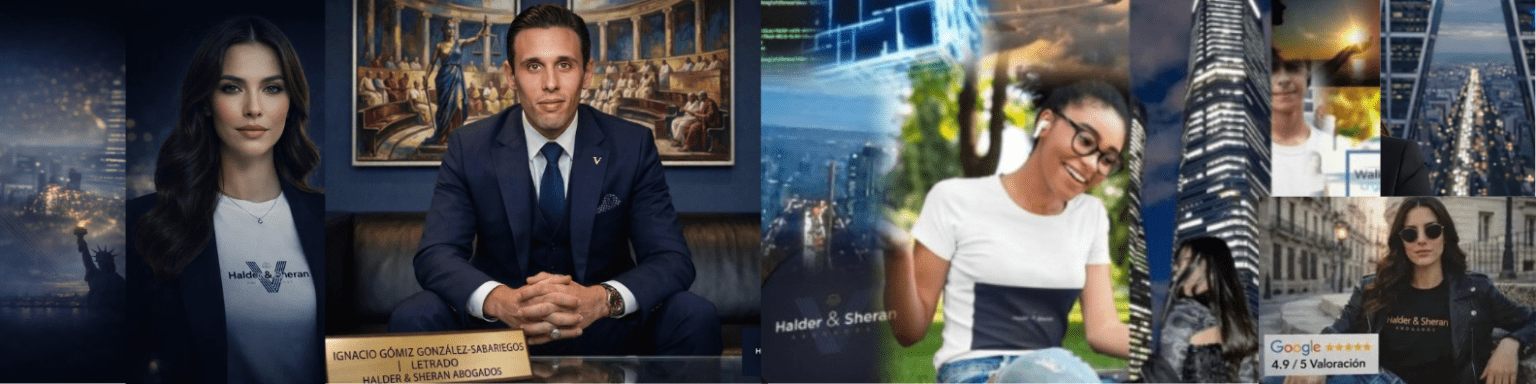 Halder & Sheran Abogados que muestra un retrato formal del Letrado Ignacio Gómiz González-Sabariegos en su oficina, junto con escenas de su equipo de colaboradores